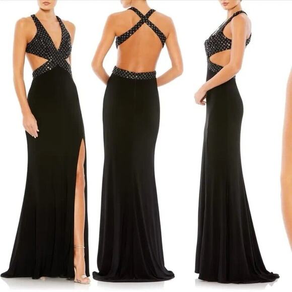 Mac Duggal NWT Floral Sequined Criss Cross Bodice Gown Size 8 Black Cutout - Picture 8 of 16